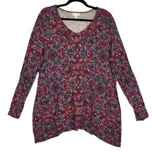 J Jill Top Blouse Women's Large Red Paisley V Neck Stretchy Soft Boho Shark Bite